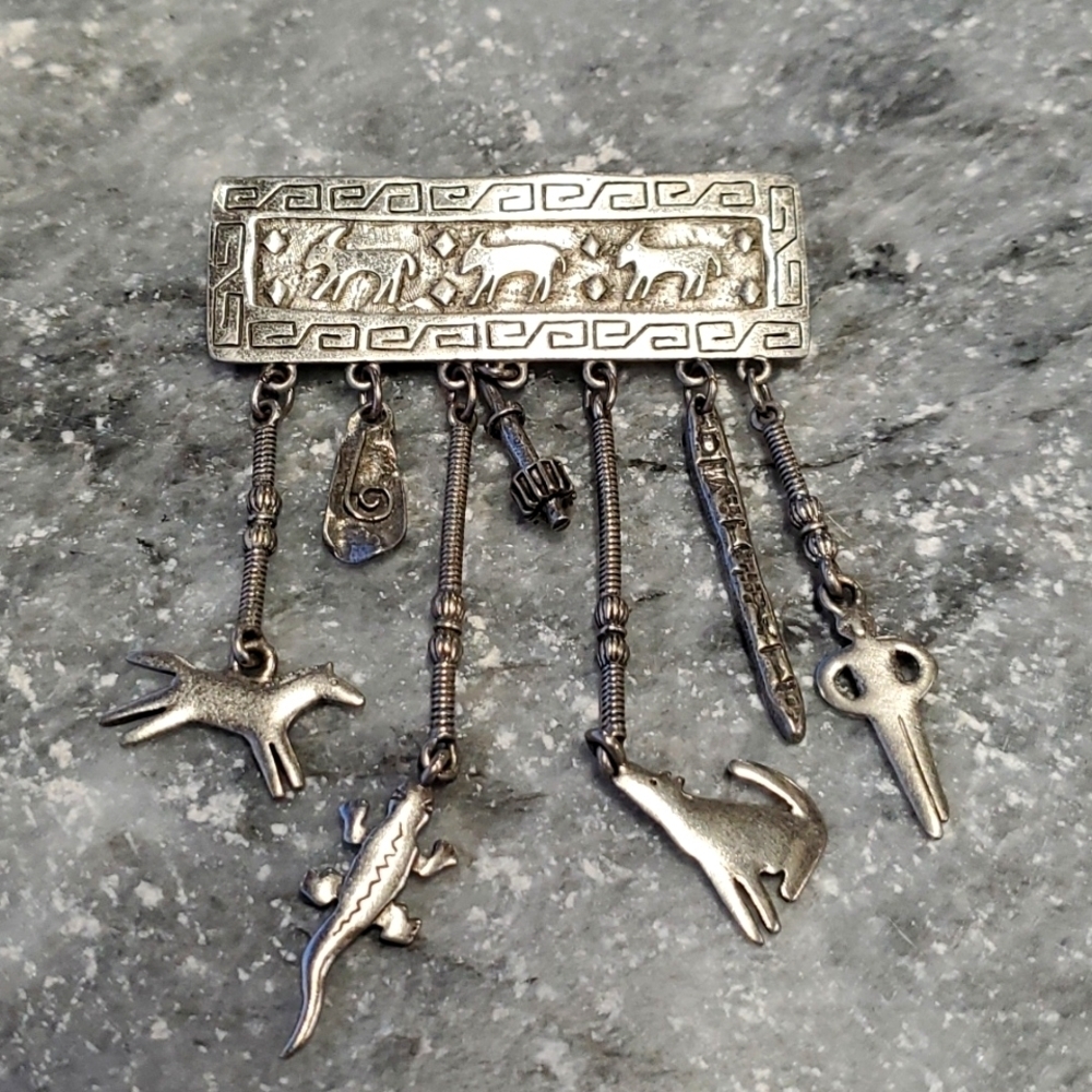 Vintage 80s NATIVE BROOCH PIN PENDANT TRIBAL CAVE ART ANIMALS CHARMS VTG